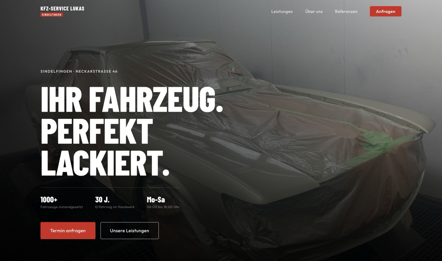 Startseite von kfzservice-lukas.de, von NGM gebaute Website für eine Fahrzeuglackierung in Sindelfingen